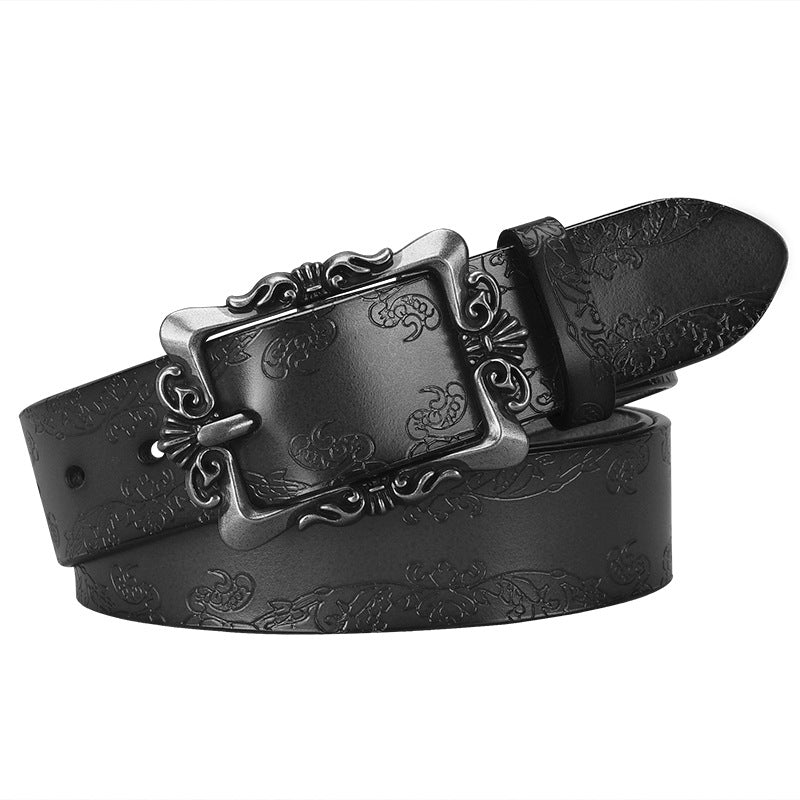 Azylo Vintage Embossed Genuine Leather Belt for Women (Retro Pin Buckle)