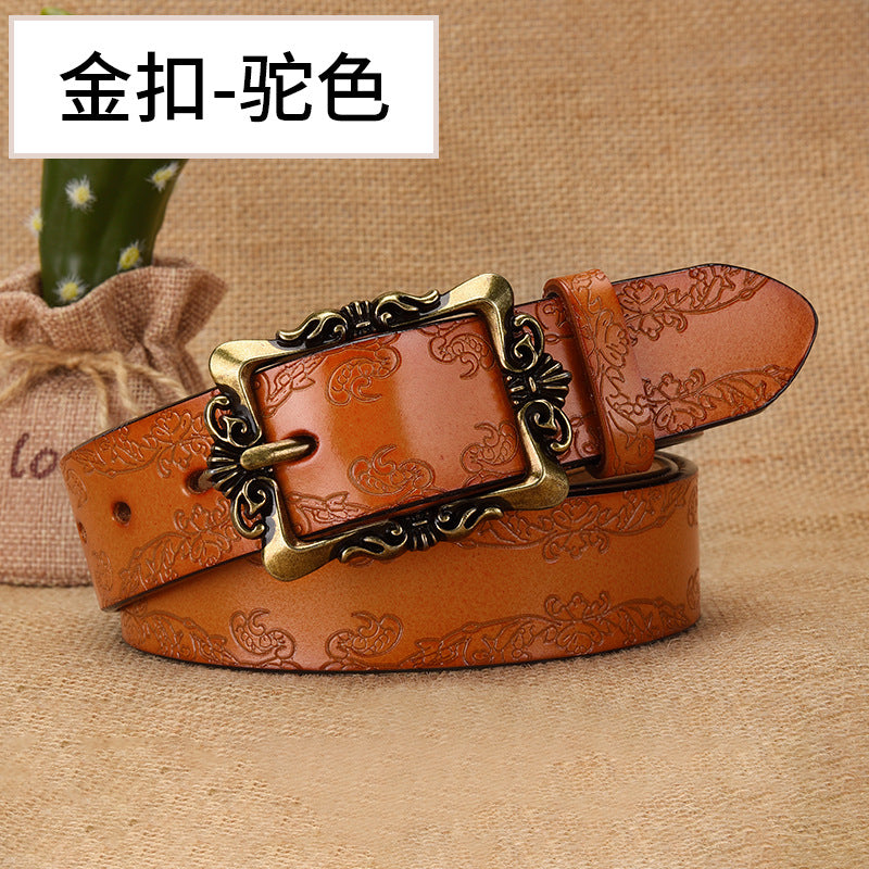 Azylo Vintage Embossed Genuine Leather Belt for Women (Retro Pin Buckle)