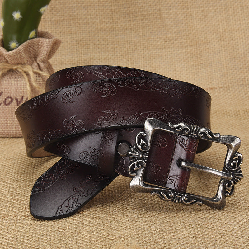 Azylo Vintage Embossed Genuine Leather Belt for Women (Retro Pin Buckle)