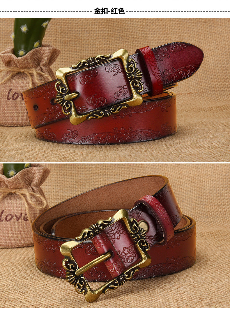 Azylo Vintage Embossed Genuine Leather Belt for Women (Retro Pin Buckle)