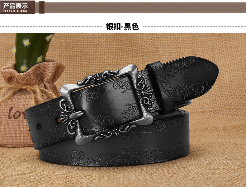 Azylo Vintage Embossed Genuine Leather Belt for Women (Retro Pin Buckle)