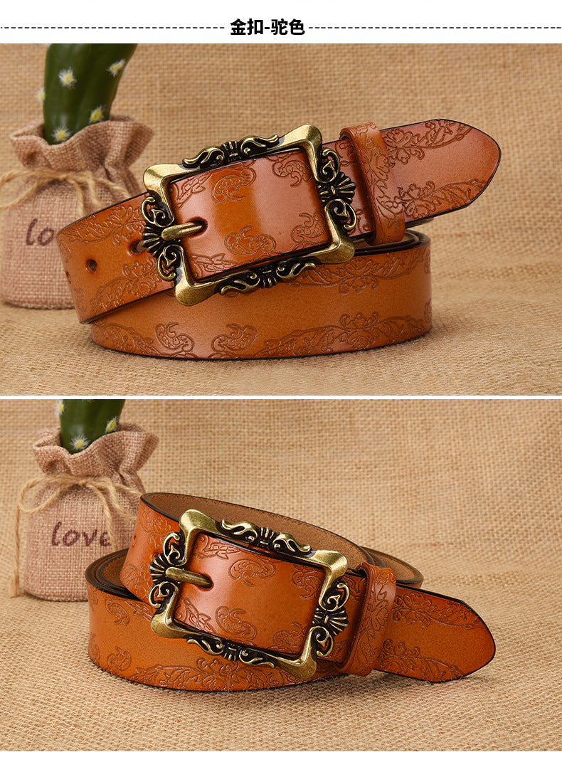 Azylo Vintage Embossed Genuine Leather Belt for Women (Retro Pin Buckle)