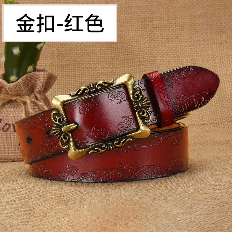 Azylo Vintage Embossed Genuine Leather Belt for Women (Retro Pin Buckle)