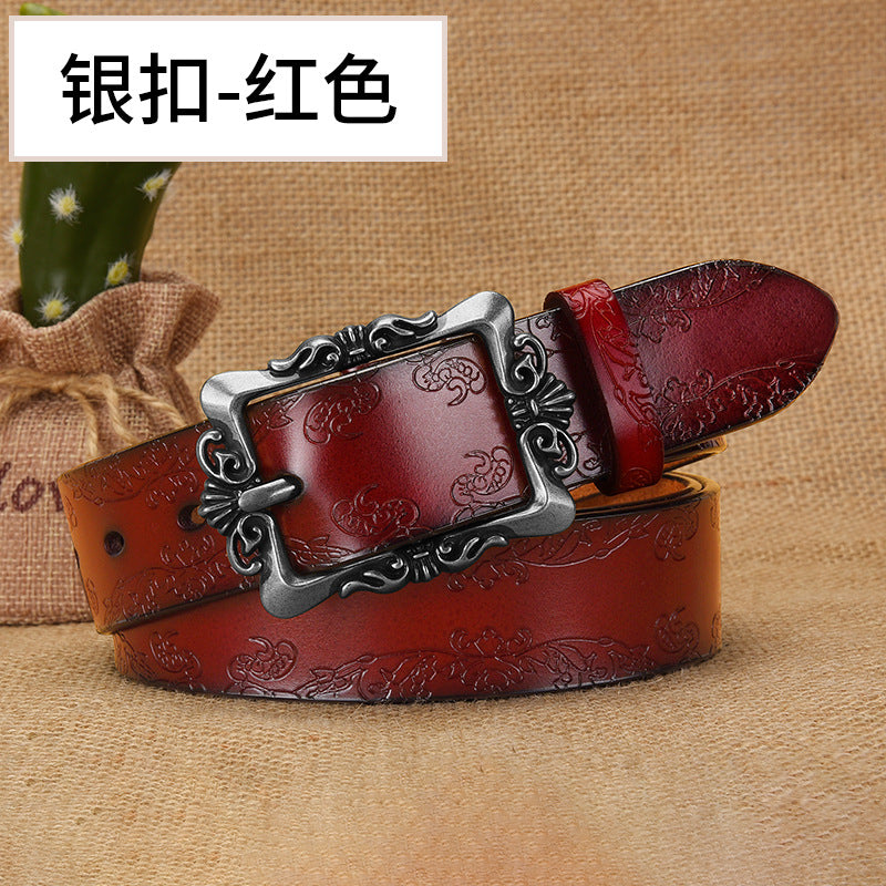 Azylo Vintage Embossed Genuine Leather Belt for Women (Retro Pin Buckle)