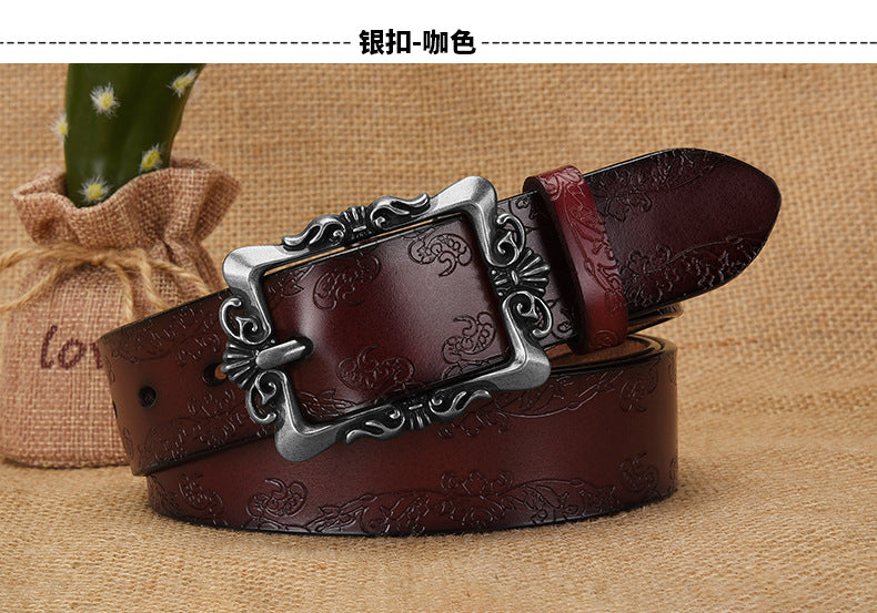 Azylo Vintage Embossed Genuine Leather Belt for Women (Retro Pin Buckle)