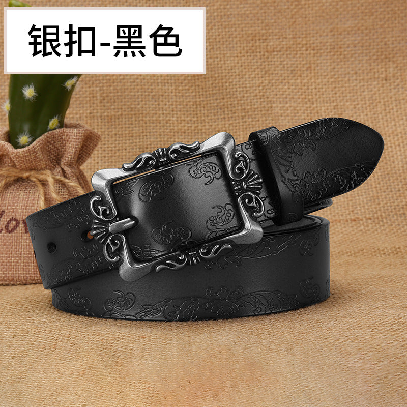 Azylo Vintage Embossed Genuine Leather Belt for Women (Retro Pin Buckle)