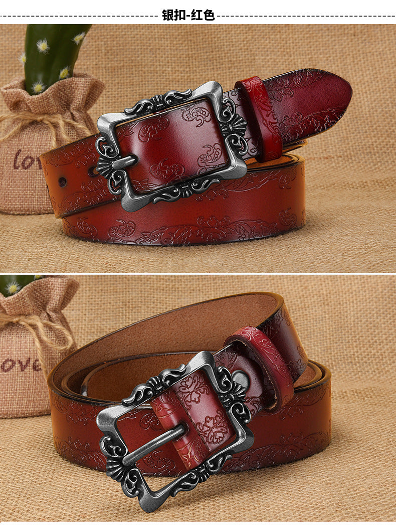 Azylo Vintage Embossed Genuine Leather Belt for Women (Retro Pin Buckle)