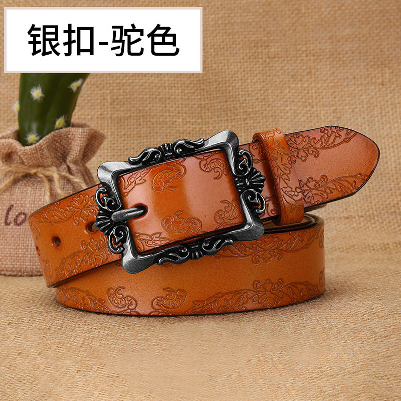 Azylo Vintage Embossed Genuine Leather Belt for Women (Retro Pin Buckle)