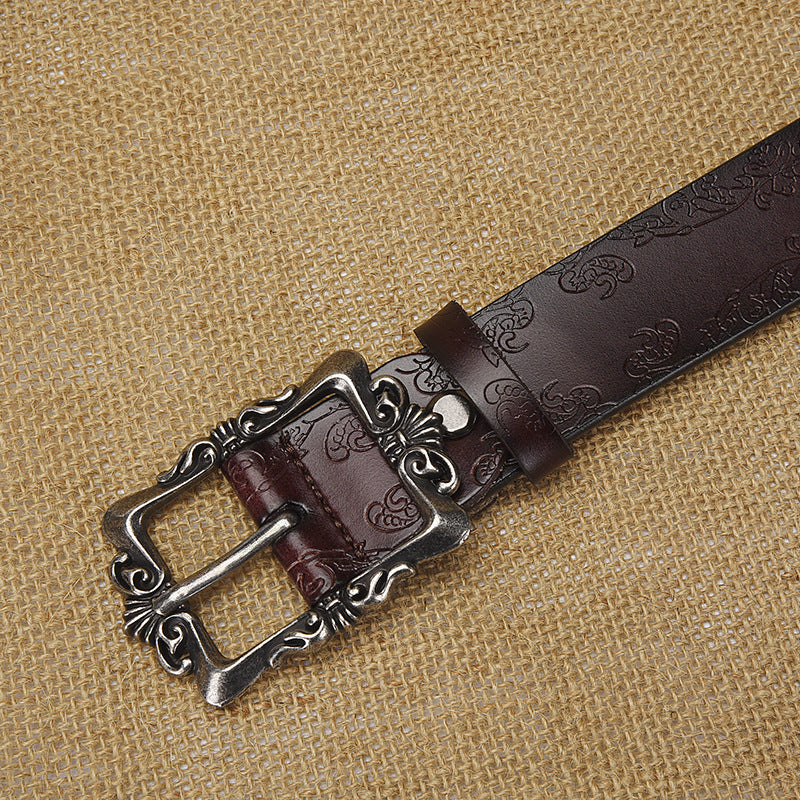 Azylo Vintage Embossed Genuine Leather Belt for Women (Retro Pin Buckle)