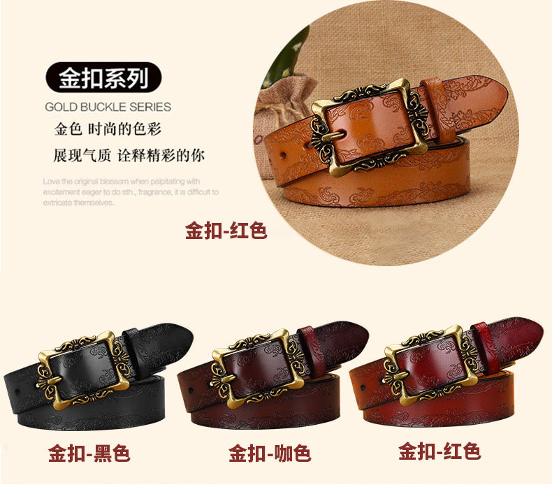 Azylo Vintage Embossed Genuine Leather Belt for Women (Retro Pin Buckle)