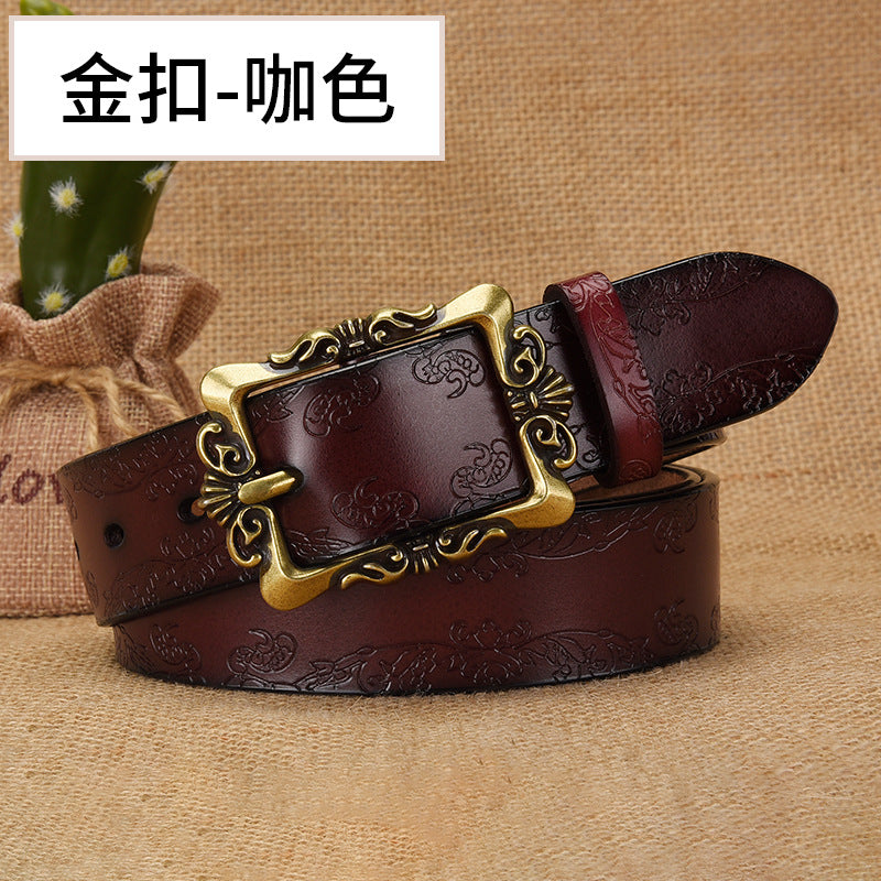Azylo Vintage Embossed Genuine Leather Belt for Women (Retro Pin Buckle)