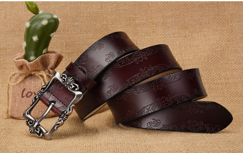 Azylo Vintage Embossed Genuine Leather Belt for Women (Retro Pin Buckle)