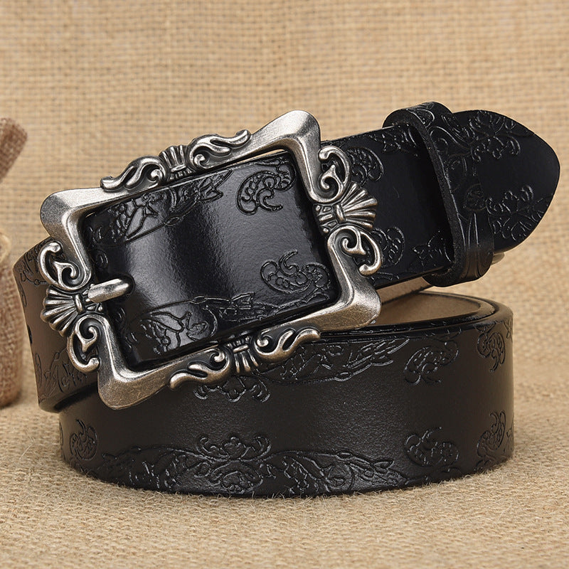 Azylo Vintage Embossed Genuine Leather Belt for Women (Retro Pin Buckle)