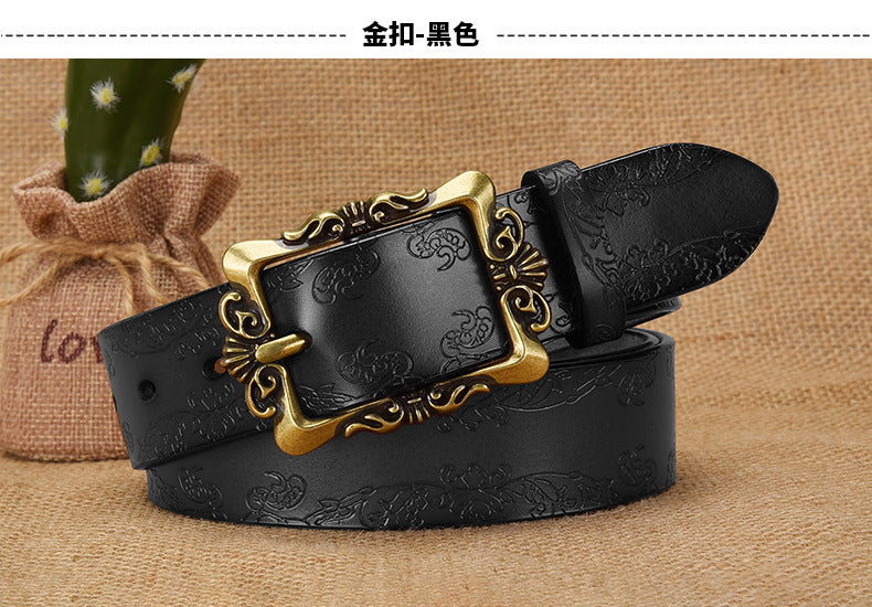 Azylo Vintage Embossed Genuine Leather Belt for Women (Retro Pin Buckle)