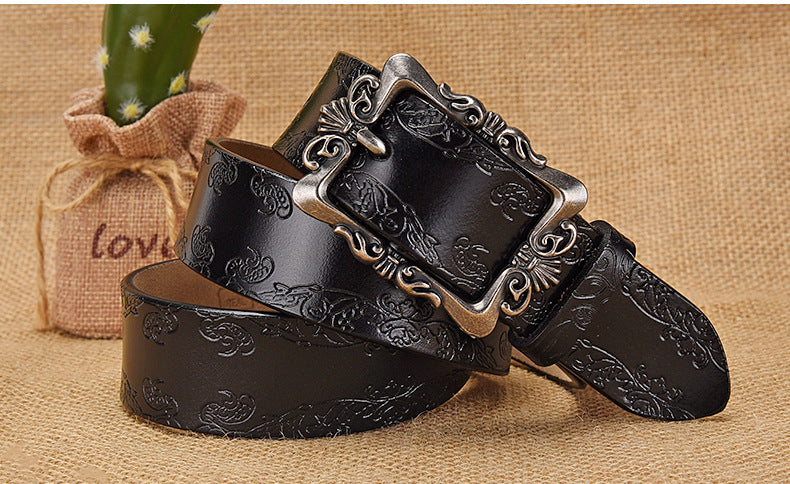 Azylo Vintage Embossed Genuine Leather Belt for Women (Retro Pin Buckle)