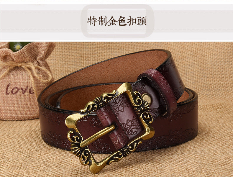 Azylo Vintage Embossed Genuine Leather Belt for Women (Retro Pin Buckle)