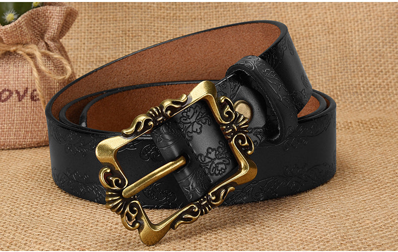 Azylo Vintage Embossed Genuine Leather Belt for Women (Retro Pin Buckle)