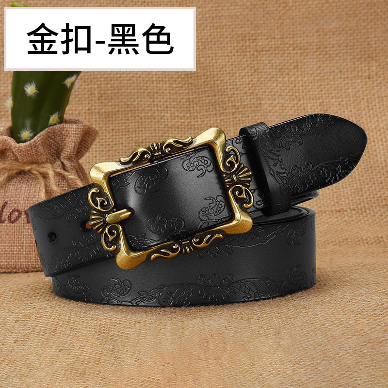 Azylo Vintage Embossed Genuine Leather Belt for Women (Retro Pin Buckle)
