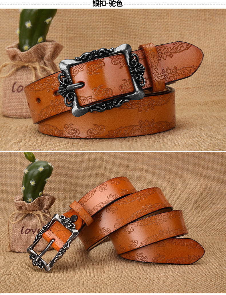 Azylo Vintage Embossed Genuine Leather Belt for Women (Retro Pin Buckle)