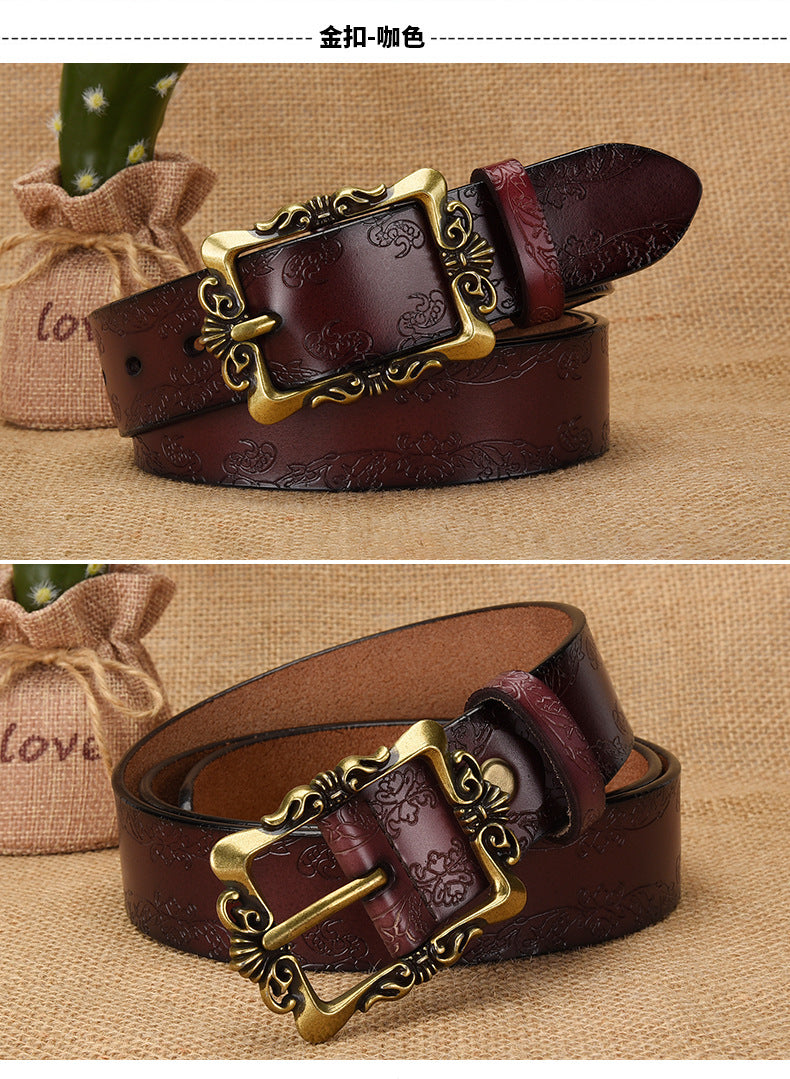 Azylo Vintage Embossed Genuine Leather Belt for Women (Retro Pin Buckle)