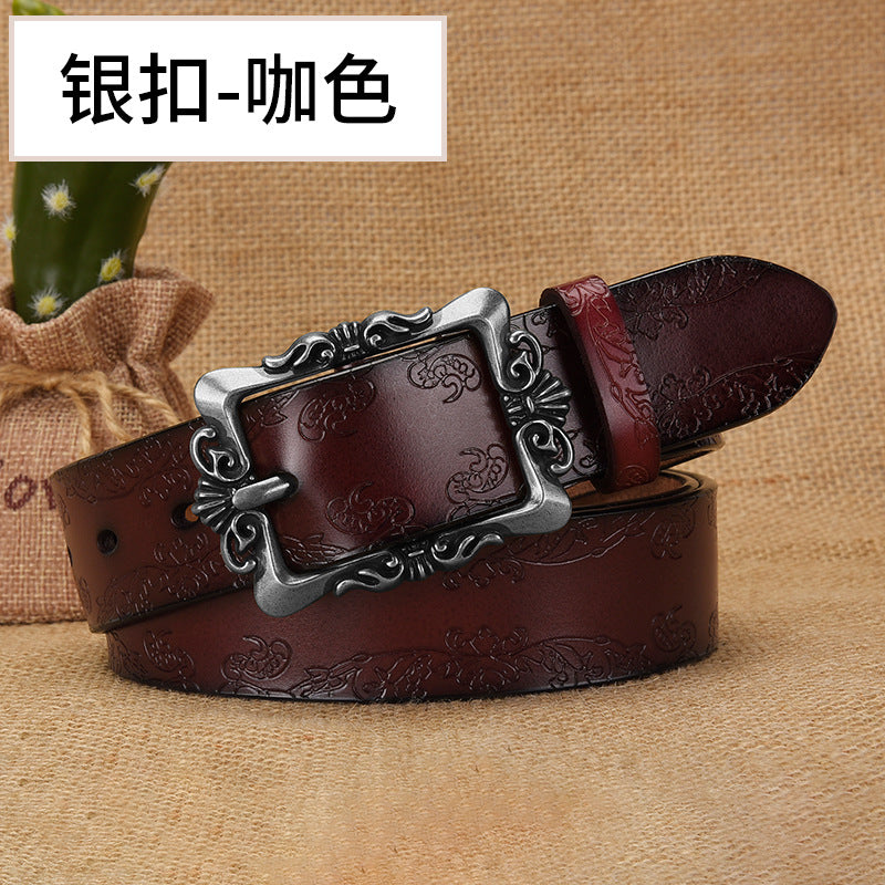 Azylo Vintage Embossed Genuine Leather Belt for Women (Retro Pin Buckle)