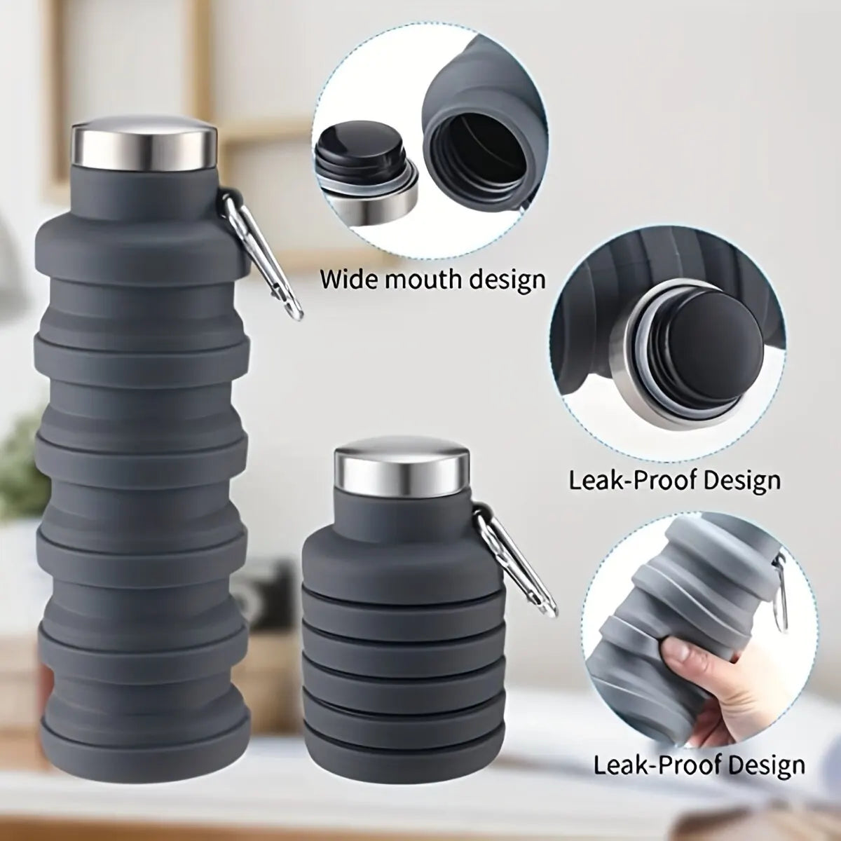 Azylo Collapsible Silicone Travel Water Bottle with Carabiner