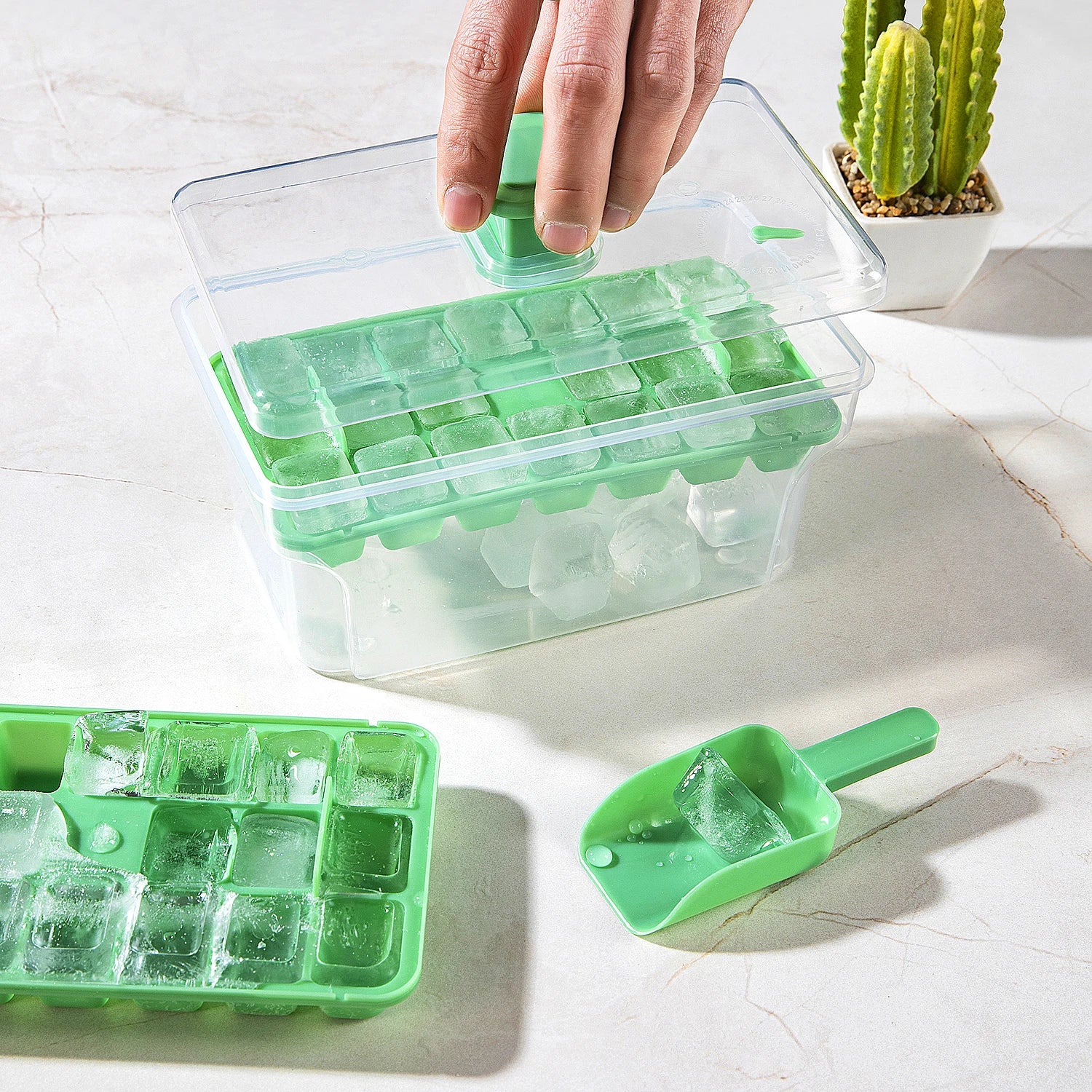 Azylo One-Press Easy Release Ice Cube Tray Kit with Lid & Storage Bin (68 Cubes)