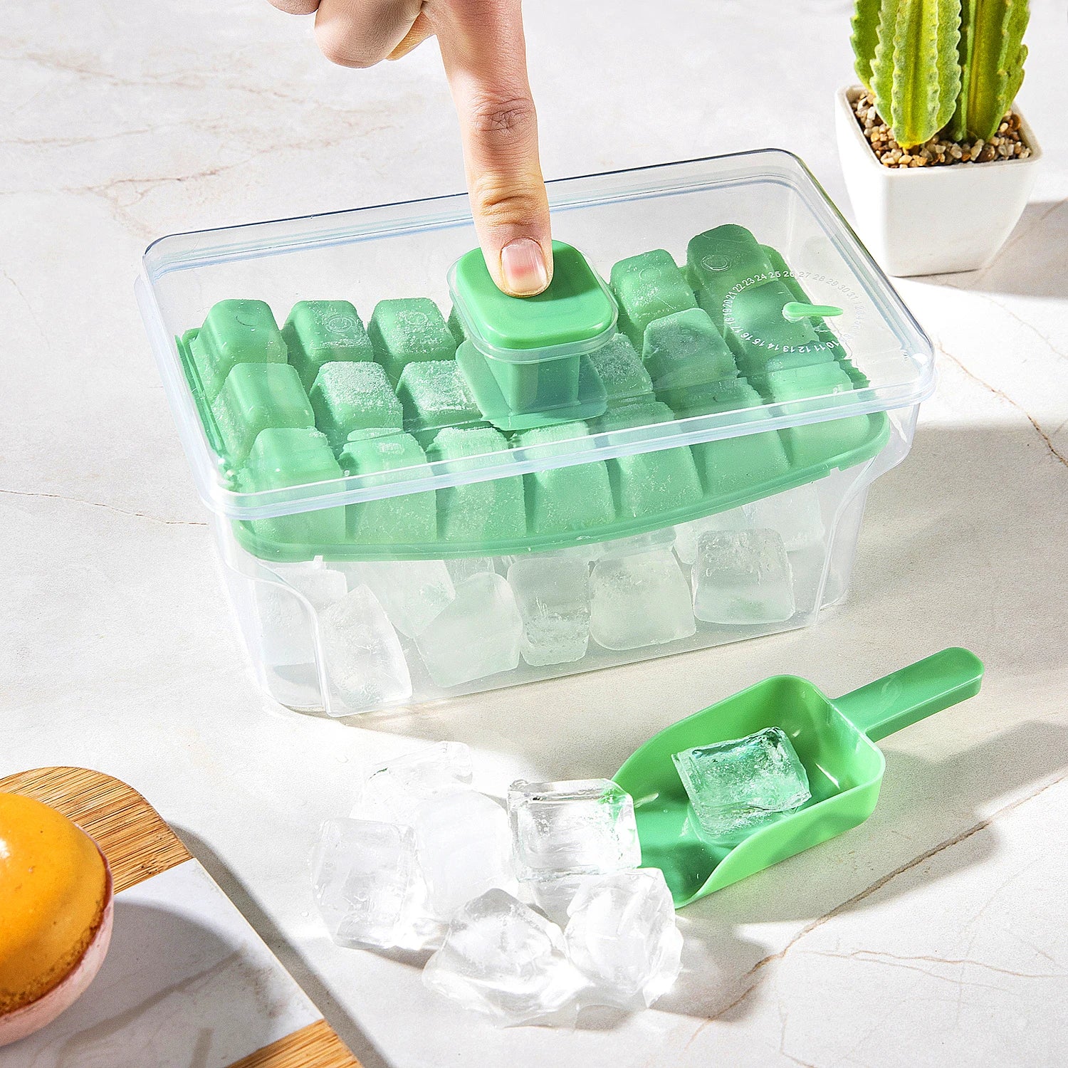 Azylo One-Press Easy Release Ice Cube Tray Kit with Lid & Storage Bin (68 Cubes)