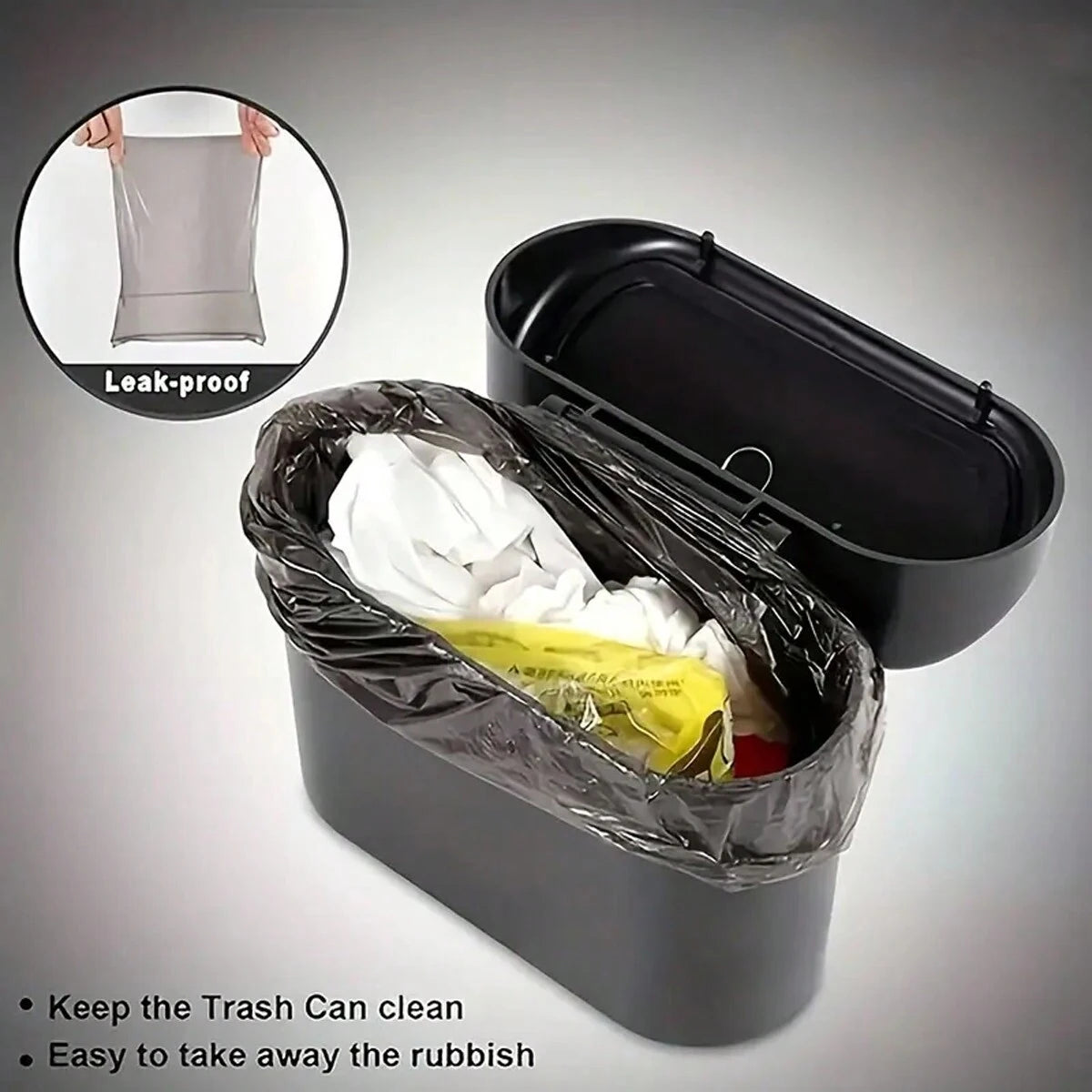 Azylo Leak-Proof Mini Car Trash Can with Lid (+ 4 Rolls Garbage Bags)