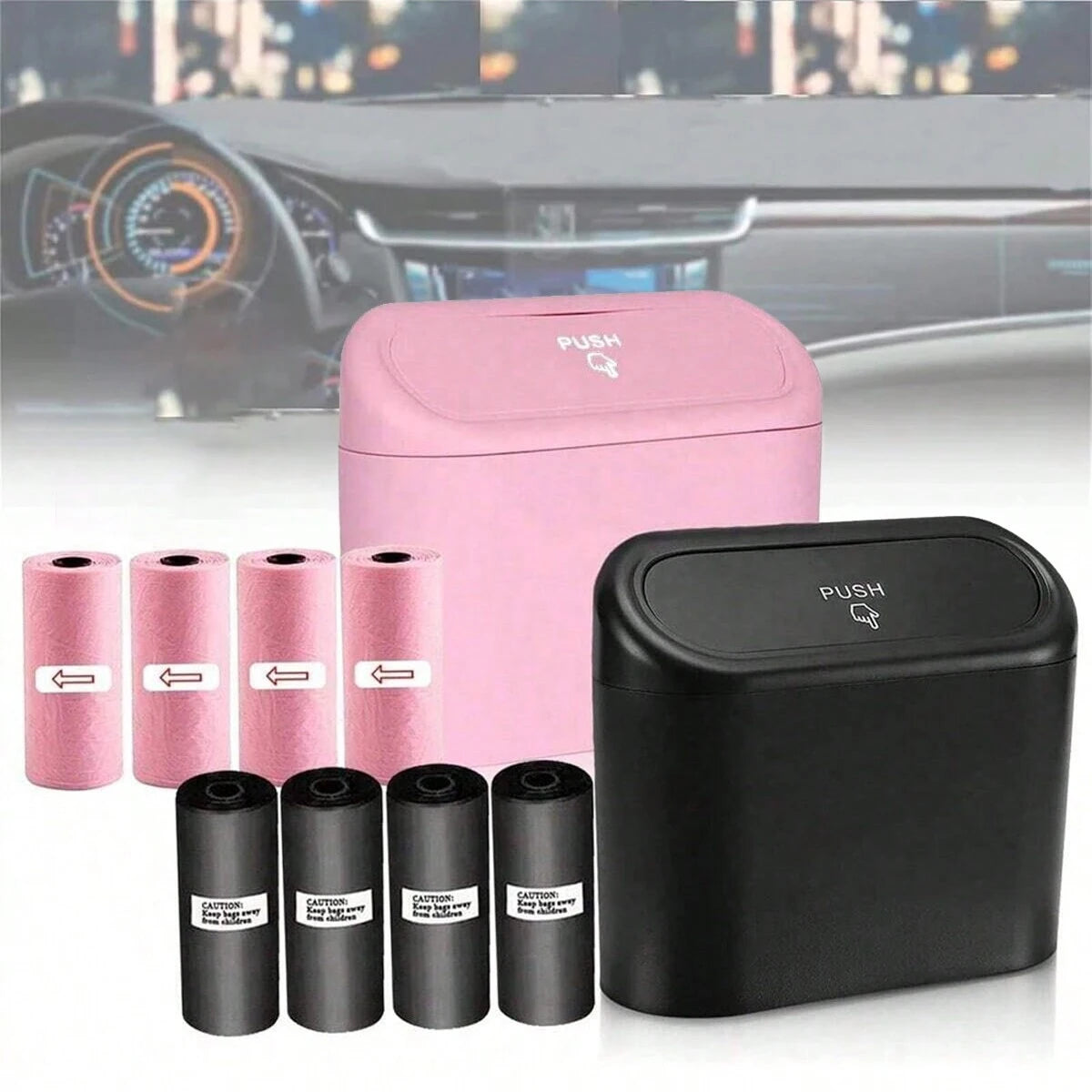 Azylo Leak-Proof Mini Car Trash Can with Lid (+ 4 Rolls Garbage Bags)