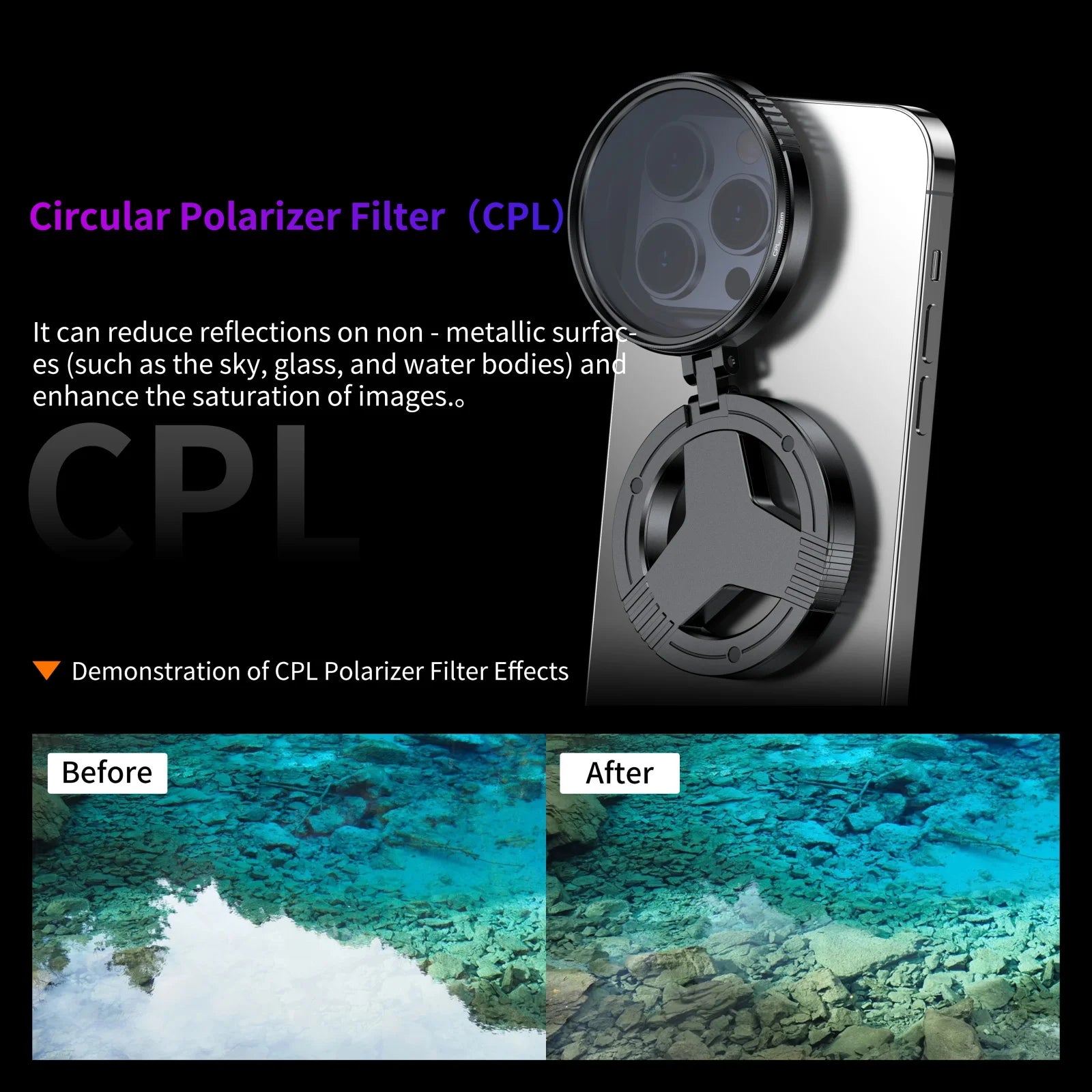 Azylo 52mm Magnetic CPL Polarizer Filter Kit for iPhone & Android Smartphones